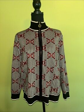 Anne Klein Black & White Geometric Knit Zip-Front Jacket with Red Accents OSU